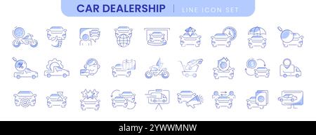 Satz dünner Vektorsymbole des Autohändlers. Lineare Symbole für Autohändler, Automobilindustrie oder Fahrzeughandel. Mietservice, Reparaturwerkstatt, Kaufvertrag, Transportversicherung Stock Vektor