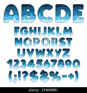 Schriftart, Alphabet, Buchstabe, Zahl aus Schichten mit Spielzeugenten und Luftblasen. Isolierte Vektorobjekte auf weißem Hintergrund. Stock Vektor