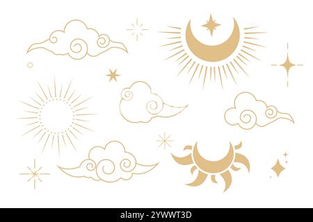 Himmlisches Set mit spiritueller Dekoration mit asiatischen Wolken, Mond, Sonnenaufgang und Sternen. Linien-Astrologie-Muster, minimaler geometrischer Hintergrund. Vektorabbildung Stock Vektor