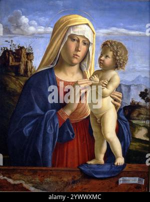 Madonna und Kind ist ein Ölgemälde des italienischen Renaissance-Malers Cima da Conegliano, das 1495 in der Pinacoteca Nazionale di Bologna entstand. Stockfoto