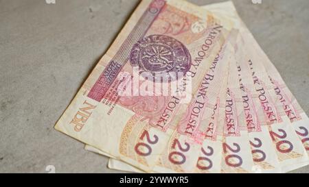 Polnische Banknoten auf einer Betonoberfläche mit der narodowy Bank polski 20-Zloty-Banknoten mit komplizierten Mustern. Stockfoto