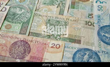 Polnische Zloty-Banknoten der narodowy-Bank polski mit verschiedenen Stückelungen und komplizierten Designs. Stockfoto