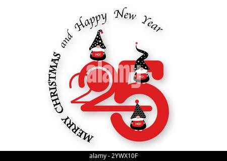 2025 Silvester- und Magic Christmas Gnomes-Logo. Ho Ho Ho Santa Elf. Weihnachtskarte Design für Einladung, Kalender, Party, Druck, Etikett, Vektor Stock Vektor