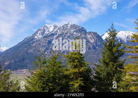 Majestätische schneebedeckte Gipfel dominieren im Winter die Skyline von Garmisch-Partenkirchen. Üppige immergrüne Bäume säumen den Vordergrund und schaffen ein Stunni Stockfoto