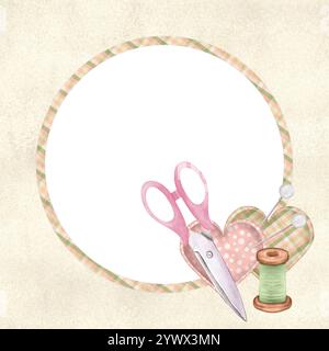 Kreisförmiger karierter Rahmen mit grünem Garn, Nähschere, herzförmigen Inkushions und Nadeln. Rosa Punktmuster, gestreift, kariert. Beige Aquarellfarben Stockfoto