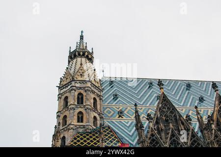 Wien, Österreich - 12. Mai 2019: Blick auf den oberen Teil des Stephansdoms, Österreich, Nahaufnahme. Der Stephansdom ist ein Wahrzeichen und Wahrzeichen Stockfoto