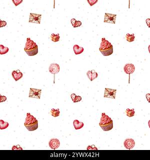 Nahtloses Valentinstag-Muster. Aquarellmuster mit Herzen, Lutscher und Cupcake. Kuverts und Anhänger. Design für Stoff, Schreibwaren Stockfoto