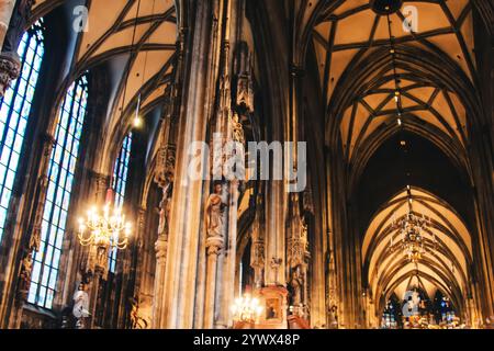 Wien, Österreich - 12. Mai 2019: Römisch-katholische Kirche mit geätzten Glasfenstern und barockem Ornament im gotischen Stil. Das Innere des St. Stephen's Stockfoto