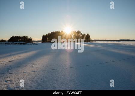 In Leksand, Dalarna, bietet eine ruhige Winterlandschaft eine riesige Schneelandschaft. Die Sonne geht hinter einer Baumgruppe auf und wirft lange Schatten Stockfoto