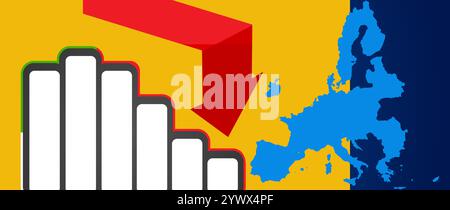 Europen Union EU Europa Hintergrund mit sinkenden Balkendiagrammen als Krisen und Probleme sowie Wirtschaftsversagen und -Verluste Stockfoto