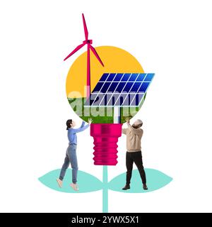 Mann und Frau heben Solarpaneel und Windkraftanlage in abstrakter Glühbirne an, symbolisieren Teamarbeit in der Umweltpflege. Zeitgenössische Kunstcollage. Stockfoto