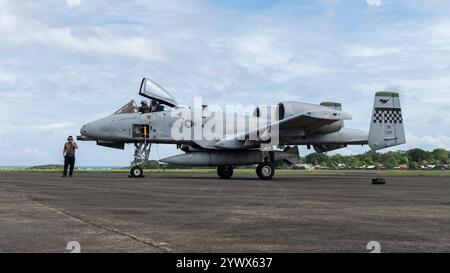 Ein Pilot und Crewchef der US-Luftwaffe, der der 25th Fighter Squadron zugeteilt wurde, bereiten eine A-10 Thunderbolt II für den Start auf der Antonio Bautista Air Base vor Stockfoto