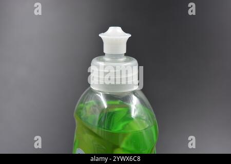 Klare, weiße, matte Flasche mit Spender, Geschirrreiniger. Eine mit einer hellgrünen, grünen Flüssigkeit gefüllte Kunststoffflasche befindet sich auf einem schwarzen Kunststoff. Stockfoto