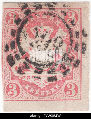 BAYERN — 1. Januar 1867: 3kreuzer rosafarbene Briefmarke mit geprägtem Bayern-Wappen mit rotem Seidenfaden und Ornament. Bayern war ein Königreich im Süden Deutschlands mit der Hauptstadt München, Mitglied des Deutschen Bundes und wurde 1870 Teil des Deutschen Reiches. Nach dem Ersten Weltkrieg erklärte sie sich zur republik. Am 31. März 1920 verlor sie ihre Postautonomie Stockfoto