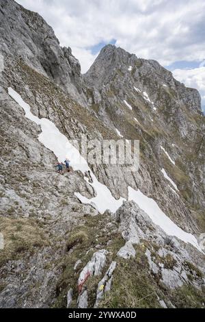 Bergsteiger auf einem schmalen Wanderweg, Aufstieg zur Maukspitze, Wilden Kaiser, Kaisergebirge, Tirol, Österreich, Europa Stockfoto