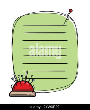 Bunte Notizblock-Seitenvorlage. Vektor-Illustration eines Kissen, Nadeln, Nadeln und Werkzeuge für Handarbeit und Nähen Stock Vektor