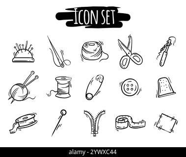 Set aus schwarz-weißen Symbolen für Handarbeit, Handarbeit, Hobby, Nähen und Stricken. Schilder und Symbole für Design Stock Vektor