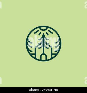 Pine Home Mit Sun Logo Design Line Art Stock Vektor