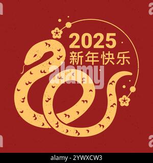 Chinesische Grußkarte oder Banner zum guten Neujahrsfest. Vektorillustration im orientalischen Stil. Zodiac-Symbol von 2025. Gewundenes Schlangenschild auf rotem Hintergrund. Stock Vektor