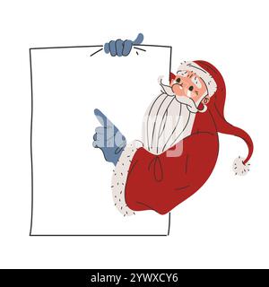 Vektorvorlage oder Modell mit Weihnachtsmann-Zeichen. Der Weihnachtsmann zeigt mit dem Finger auf das leere Banner. Leeres Blatt oder Papier für Neujahrsgrüße oder Wunschzettel. Stock Vektor