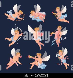Vektor isolierte Cupiden auf dunklem Hintergrund. Satz Amurs. Fliegende Babyengel mit Bogen und Pfeilen. Cartoon-Aufkleber zum Valentinstag. Stock Vektor