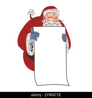 Der Weihnachtsmann hält das weiße Blatt in den Händen. Vektorvorlage oder Karte. Cartoon-Figur des Weihnachtsmanns versteckt sich hinter dem leeren Brief. Stock Vektor