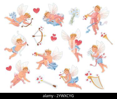 Cartoon Cupids oder Amurs Set. Vektor-isolierte Aufkleber oder ClipArts. Romantische Ikonen fliegenden Babyengeln zum Valentinstag. Februar. Stock Vektor