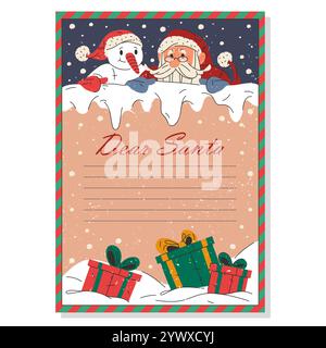 Vektor-Papier oder Blatt für Kinder Wunschzettel. Brief an den Weihnachtsmann. Leere Vorlage oder Karte mit Weihnachtsmann und Schneemann Märchenfiguren. Stock Vektor