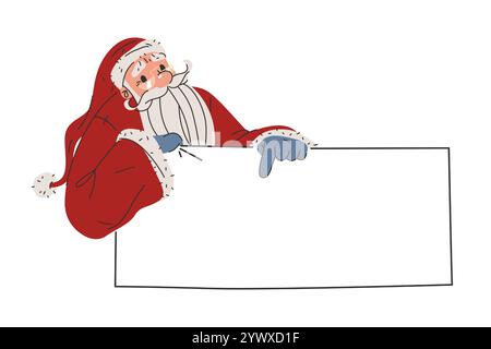 Vektorbanner für den Text oder die Begrüßung mit dem Weihnachtsmann-Zeichen. Leere Vorlage oder Karte. Die Cartoon-Figur des Weihnachtsmanns hält einen leeren Brief oder ein Blatt. Stock Vektor