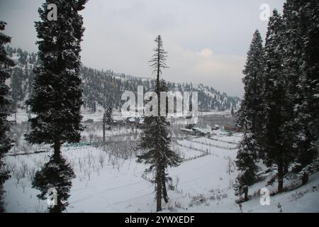 Srinagar, Indien. Dezember 2024. Frischer Schneefall in Heerpora Shopian im Süden Kaschmirs. Die Leute laufen, während die Jungen nach dem Neuschnee mit Schnee spielen. (Foto: Nisar UL Haq Allaie/Pacific Press) Credit: Pacific Press Media Production Corp./Alamy Live News Stockfoto