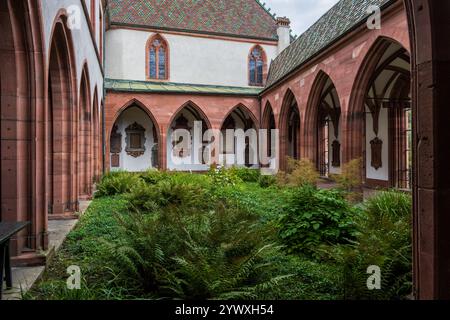 Der Garten des Klosters vor der Nikolaikapelle im Basler Münster in der Altstadt von Basel, Schweiz. Stockfoto