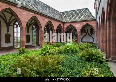 Der Garten des Klosters vor der Nikolaikapelle im Basler Münster in der Altstadt von Basel, Schweiz. Stockfoto