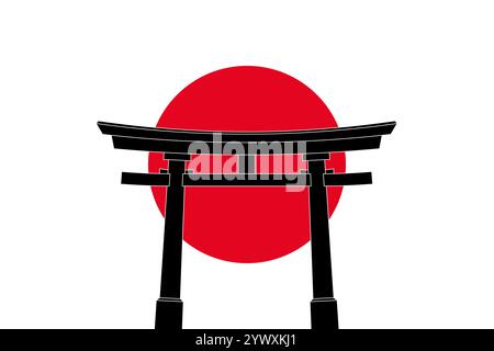 Daiwa Torii, traditionelles japanisches Tor vor einer roten aufgehenden Sonne, das Nationalflaggensymbol Japans. Vor allem ein Tor am Eingang des Shinto-Schreins. Stockfoto