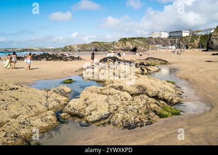 Felsen, die bei Ebbe am GT Great Western Beach in Newquay in Cornwall in Großbritannien freigelegt werden. Stockfoto