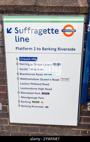 Beschilderung vor dem Bahnhof Crouch Hill auf der Suffragette Line (ehemals Barking Line) in North Islington, London, Großbritannien Stockfoto