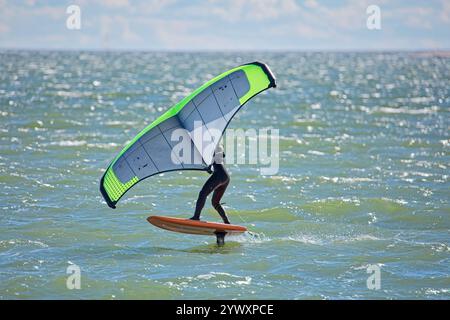 Der Mann ist Flügelfolierung mit handgehaltenem aufblasbarem Flügel und Tragflächensurfbrett im Meer im Sommer. Fahrer auf einem Windflügel-Board, surft in den Wellen. Stockfoto