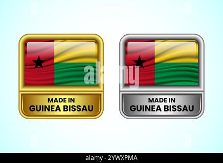 Hergestellt in Guinea-Bissau-Label-Ikone in Gold- und Silberfarbe. Flaggensymbolgruppe für Unternehmen Stock Vektor