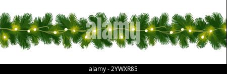Nahtloser Weihnachtsrand, Tannengirlande mit Lichtern Stock Vektor