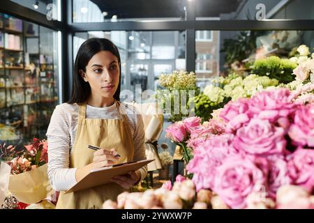 Eine brünette Frau arrangiert sorgfältig schöne Blumen, während sie ihre Blumengeschäfte verwaltet. Stockfoto
