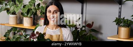 Eine geschickte Floristin arrangiert fachmännisch schöne Pflanzen, während sie in ihrem gemütlichen Geschäft lächelt. Stockfoto