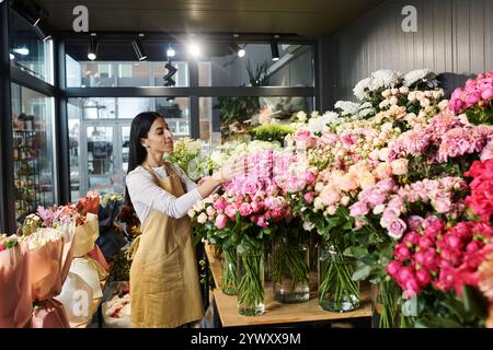 Eine talentierte Floristin arrangiert wunderschöne Blumensträuße zwischen frischen Blüten in ihrem Geschäft. Stockfoto