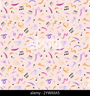 Abstrakte, mehrfarbige Linienkritzeleien und schwarze Musiknoten nahtloses Muster im Musikstil auf pastellrosa Hintergrund. Orangefarbene, violette Pinselstriche Stockfoto