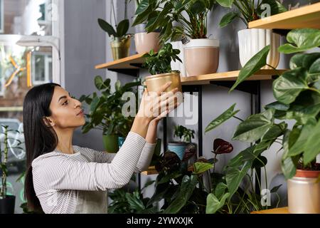 Die geschäftige Floristin arrangiert sorgfältig Topfpflanzen in Regalen und unterstreicht so ihre Schönheit. Stockfoto