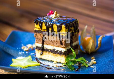 Leckeres Stück Biskuitkuchen mit einer Schokolade, die heruntertropft. Süßes Dessert auf einem Teller. Serviert wird ein Gericht im Café, Restaurant Teller mit Schokoladenkuchen Stockfoto
