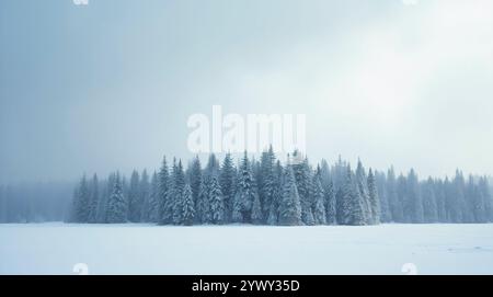 Ein schneebedecktes Feld mit einer großen Gruppe von Bäumen. Die Bäume sind mit Schnee bedeckt und über das Feld verteilt Stockfoto