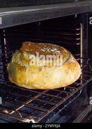 Nahaufnahme eines frisch gebackenen runden Brotes knuspriges Weißbrot auf einem offenen Backofen. Stockfoto