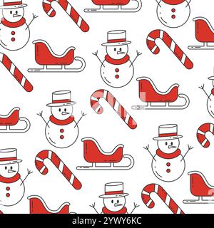 Schneemann, Schlitten und Zuckerrohr Weihnachtsmuster Vektor Stock Vektor