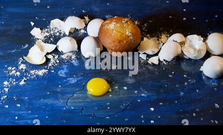 Ein Muffin auf einem sternenklaren Hintergrund. Eierschalen. Stockfoto