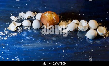 Ein Muffin auf einem sternenklaren Hintergrund. Eierschalen. Stockfoto