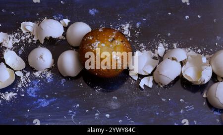 Ein Muffin auf einem sternenklaren Hintergrund. Eierschalen. Stockfoto